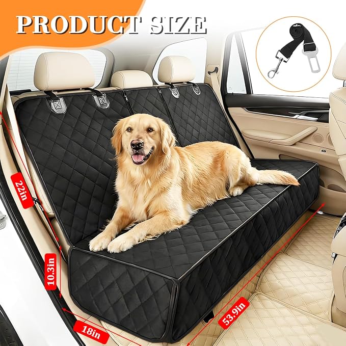 Oxford Dog Back Seat Cover with Side Flaps, Black Border | water-resistant surface, non-slip backing, headrest straps, belt openings, fits most rear seats, interior accessories - Image 2