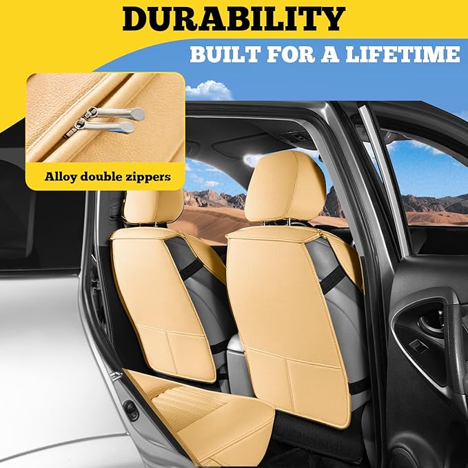 Front Car Seat Covers, Faux Nappa Leather for Sedan SUV, 2 Seats | Waterproof, Breathable and Airbag Compatible, Helps Reduce Slipping, Beige - Image 4