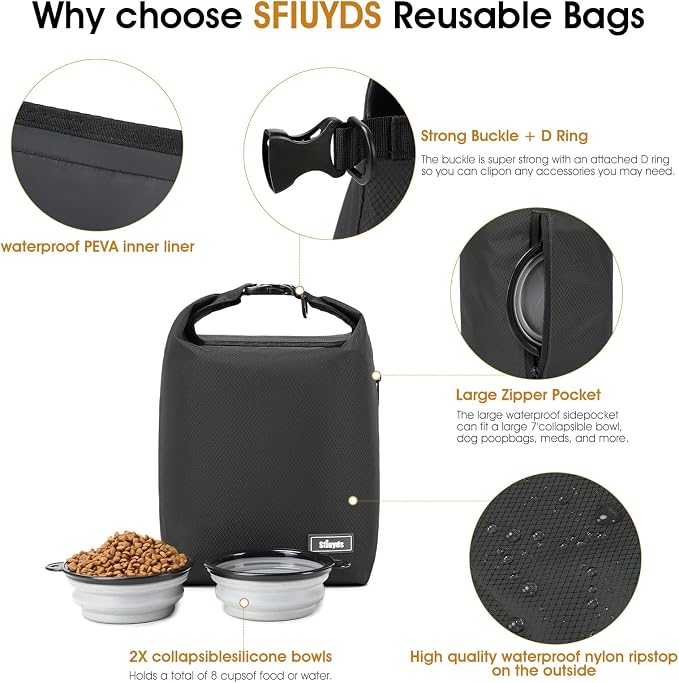 Pet Food Storage Bag Dog Food Travel Bag with 2PCS Collapsible Dog Travel Bowls Waterproof Kibble Storage Container for Road Trips Camping (Black, Small) - Image 4