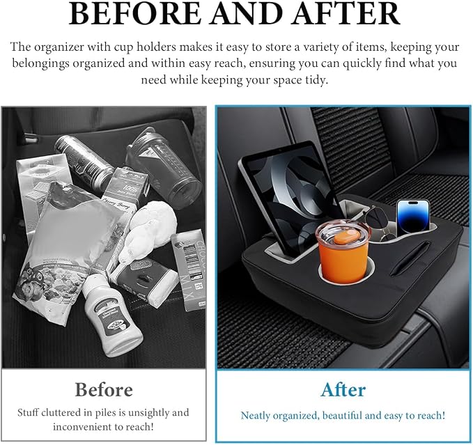 Car Back Seat Organizer, Leather Automotive Rear Seat Couch Cup Holder Expander Tray, Vehicle Cup Holder Tray Holds Snacks Remotes Phones for Truck RV Boat Couch Pillow Bed - Image 4