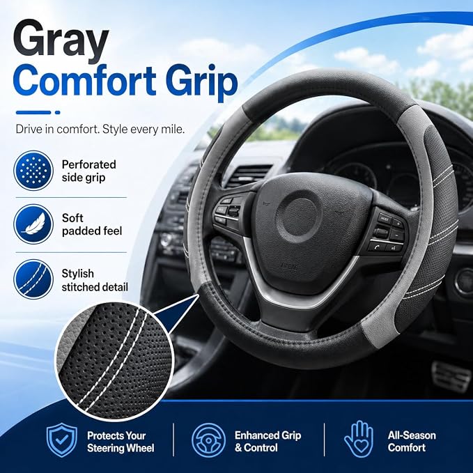 Elantrip Steering Wheel Cover for 14.5" to 15" Wheels, Soft Padded Grip with Anti-Slip Inner Lining, Breathable Comfort for Daily Driving, Easy Stretch Fit for Cars, SUVs and Trucks, Black/Gray - Image 2