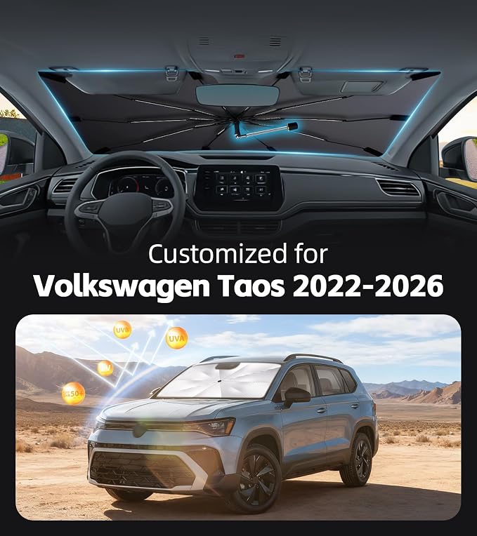 Windshield Sun Shade for Volkswagen Taos 2022-2026 with 360° Rotating Shaft | Custom Fit Umbrella Sunshade for UV Blocking, Interior Heat Protection, Easy Storage, UPF 50+ Cool Windshield Cover - Image 2