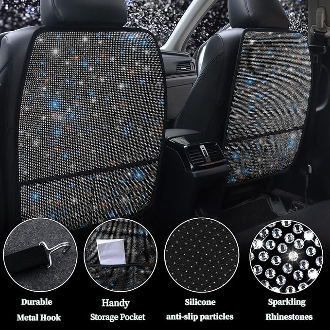 Diamond Bling Car Seat Kick Mats with Storage – Back Seat Protectors with Sparkly Rhinestones for Girls & Women, Crystal Kick Covers for Automotive Interior Accessories Black 2pcs - Image 2