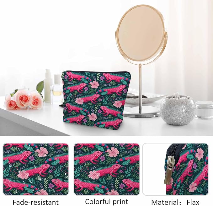 Lizard Cosmetic Travel Bag For Toiletries, Tropical Animal Floral Lizard Makeup Bag Toiletry Bags For Women, Flax Cosmetic Bags Make Up Bag Purse Toiletries Bag Birthday Gift - Image 5