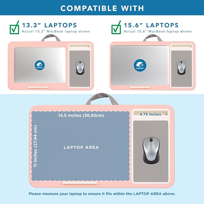 LAPGEAR Home Office Lap Desk – Pink, Fits 15.6” Laptops | Built-In Mouse Pad & Phone Slot, Integrated Device Ledge, Dual-Bolster Microbead Cushion, Carry Handle - Image 3