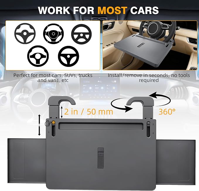Car Steering Wheel Tray, Adjustable Laptop Desk with Drawer & Non-Slip Pad | Multipurpose Vehicle Tray, Non-Slip , Built-in Storage Drawer, Secure & Durable - Image 2
