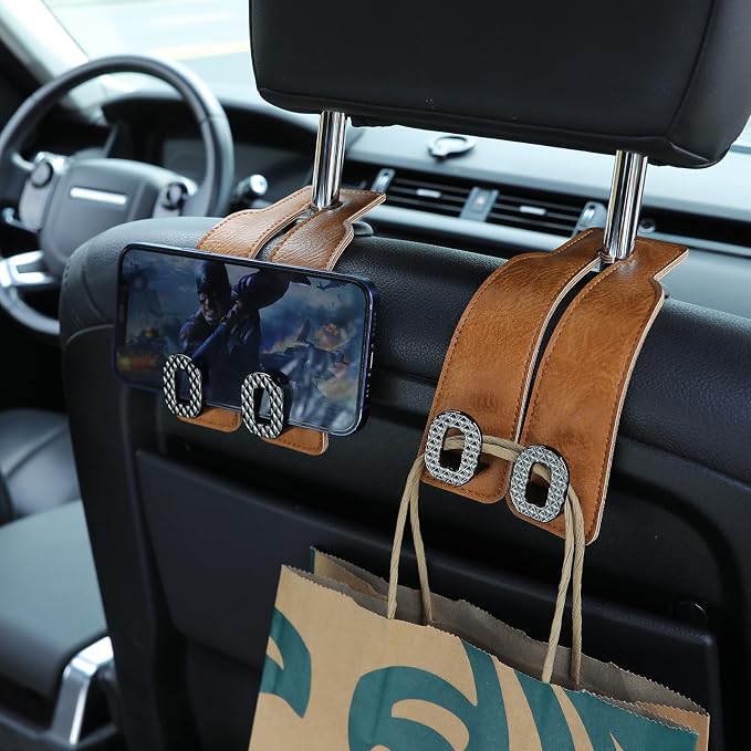 Car Headrest Hooks Universal Car Purse Hook Premium Leather and Alloy Twin Hook Car Seat Back Storage Hanger Hook for Purse Bags Cloth Drink Durable Holder Car Accessories (BH09-Brown-Black-4 Pcs) - Image 3