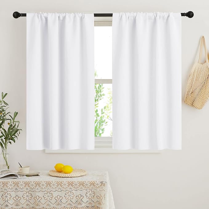 RYB HOME Short Curtains for Bedroom, Room Darkening Insulated | Rod Pocket, Summer Heat Light UV Blocking, Energy Saving, Drapes for Nursery, W34 x L45, Pure White, 2 Panels by RYBHOME