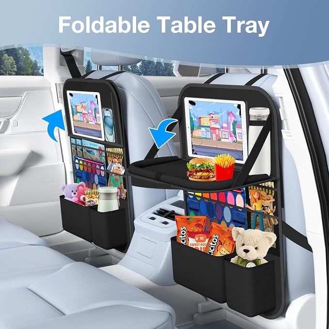 Car Backseat Organizer with Table Tray(2-Pack) 9 Storage Pockets Backseat Car Organizer and storage with Tablet Holder, Kick Mats Back Seat Cover for Kids family Road Trip Essentials Travel | 600d Oxford Fabric, Waterproof & Easy-Clean, Foldable Tray S... - Image 2