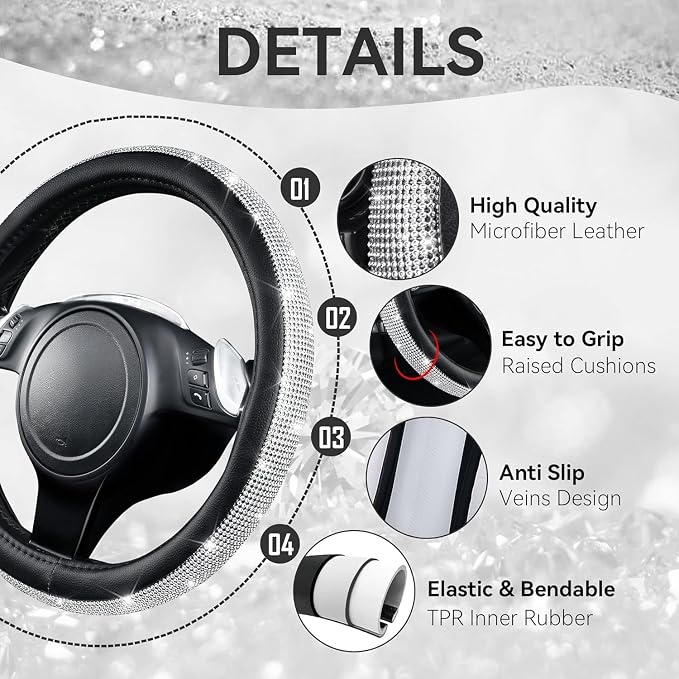 CAR PASS Bling Diamond Leather Steering Wheel Cover, with Bling Sparkly Crystal Glitter Rhinestones Universal Fit 14.5in-15in Car Wheel Protector for Women Girl Fit Suvs,Vans,Sedans,Car,Trucks, Silver - Image 2