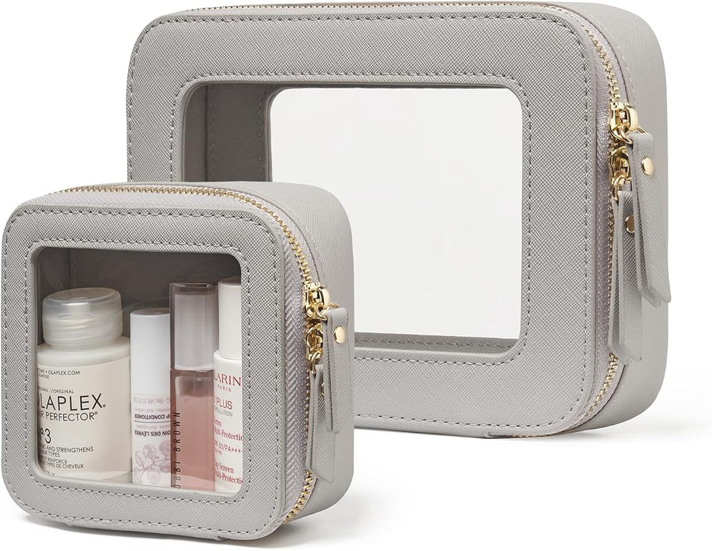 Clear Makeup Case Toiletry Bag Travel Medium Clear Cosmetic Bag with Zipper, Make Up Bag Organizer Traveling TSA Approved Transparent Bag Car for Essentials, Mini & Medium, Beige Grey by POPVIBE