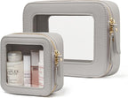 Clear Makeup Case Toiletry Bag Travel Medium Clear Cosmetic Bag with Zipper, Make Up Bag Organizer Traveling TSA Approved Transparent Bag Car for Essentials, Mini & Medium, Beige Grey by POPVIBE