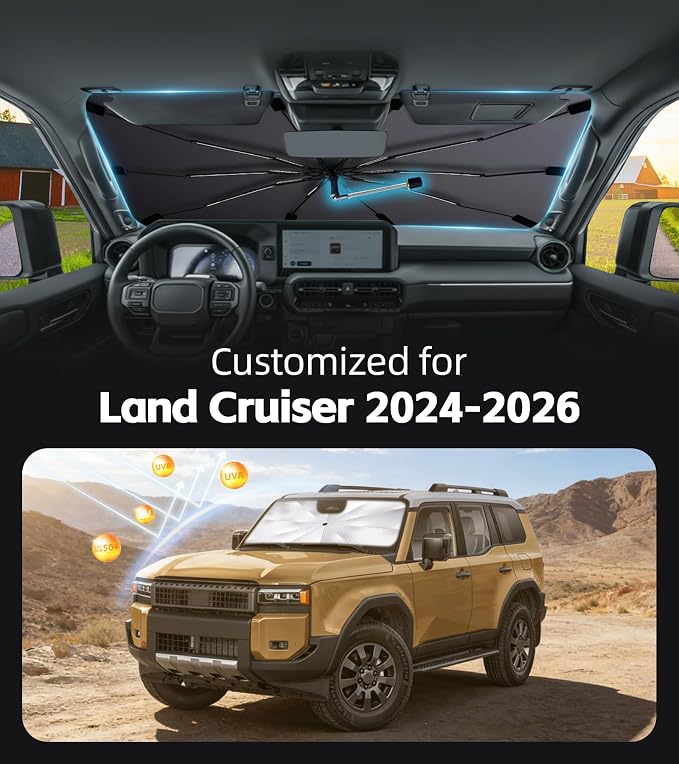Windshield Sun Shade for Toyota Land Cruiser 2024-2026, 360°Rotating Shaft | Custom Fit Umbrella Sunshade for UV Blocking, Interior Heat Protection, Easy Storage, UPF 50+ Cool Windshield Cover - Image 2