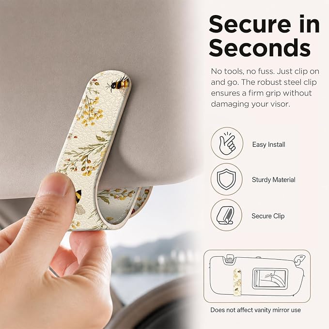 Sunglasses Holder for Car Visor, PU Leather Glasses Clip Organizer, Cute Magnetic Eyeglass Holder for Vehicle Sun Visor, Car Interior Accessory for Women & Men, Bee Flowers - Image 4