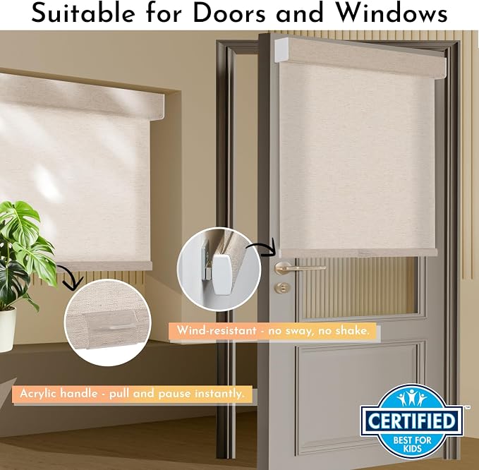 Persilux Light Filtering Roller Shades for Window Blinds,Cordless,Linen Fabric,Thermal Insulated Fabric UV Protection Shades for Home,Office,Bedroom,Door,Light Filtering-Beige,34 1/2" W X 64" H - Image 3
