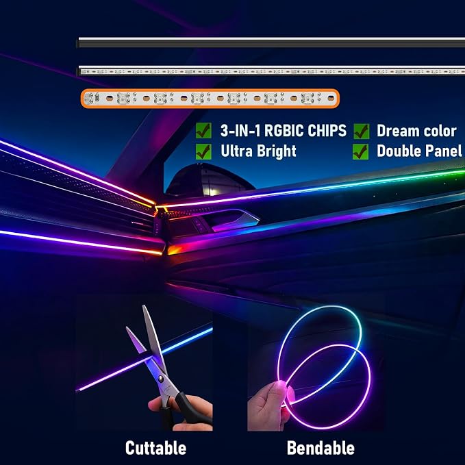 Car LED Strip Lights, Interior Acrylic LED Lights for Car with Dynamic Rainbow Dream Color Chasing, Ambient Lighting Kits Music Sync (8 in 1(6 * 29.5"+43.3"+14.5")) - Image 2