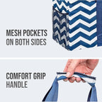 Extra Large Utility Tote Bag, Oversized Collapsible Reusable Wire Frame Rectangular Canvas Basket With Two Exterior Pockets For Beach, Pool, Laundry, Car Trunk, Storage - Chevron Navy - Image 8