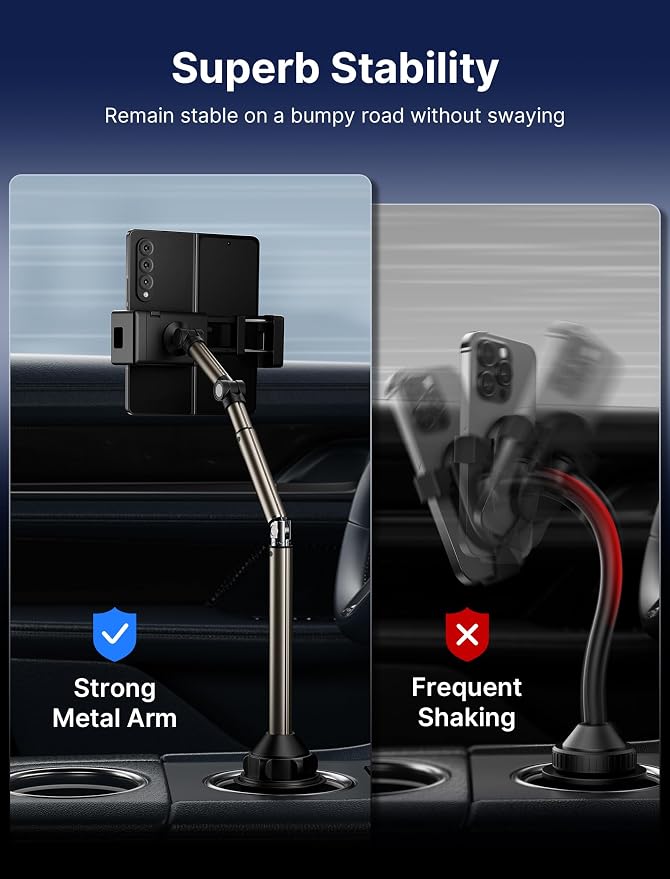 JSAUX Car Cup Holder Phone Mount for Foldable Phones & Mini Tablets | Sturdy Metal Long Arm, Flexible Height and Angle, Adjustable Base, Secure Phone Grip, Fits 2.17-4.33 in Car Cup Holders - Image 5
