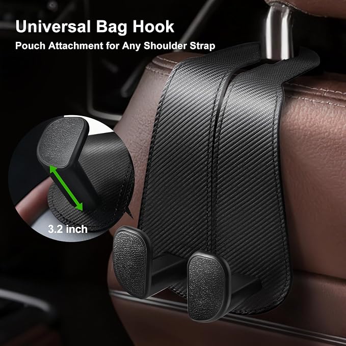 CoBak Extra Wide Car Seat Back Hooks, Premium Stitched Leather Headrest Hangers with Wide Slot Structure, Universal for Any-Width Purses, Handbags, Bags (4 Pack), Carbon Fiber Black - Image 5