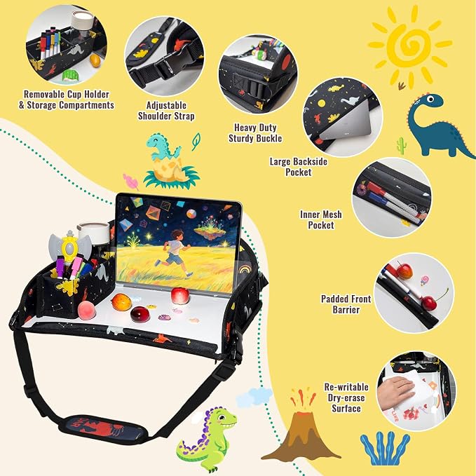Kids Travel Tray for Car Seat, Toddler Car Seat Activity Tray, Kids Carseat Lap Table, Road Trip Essentials for Airplane, Lap Desk for Kid Roadtrip Activities, Cosmic Dino - Image 5