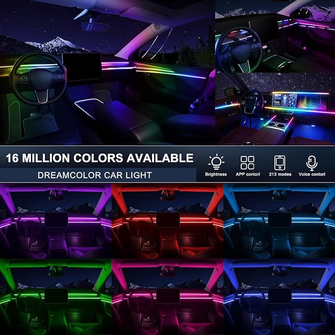 Acrylic Car Interior LED Lights, 18-in-1 RGB Fiber Optic Ambient Kit | 175in 593 LEDs, Wireless APP Control, 16 Million Colors, Music Sync and Sound Active Car Neon Ambient Lighting - Image 2