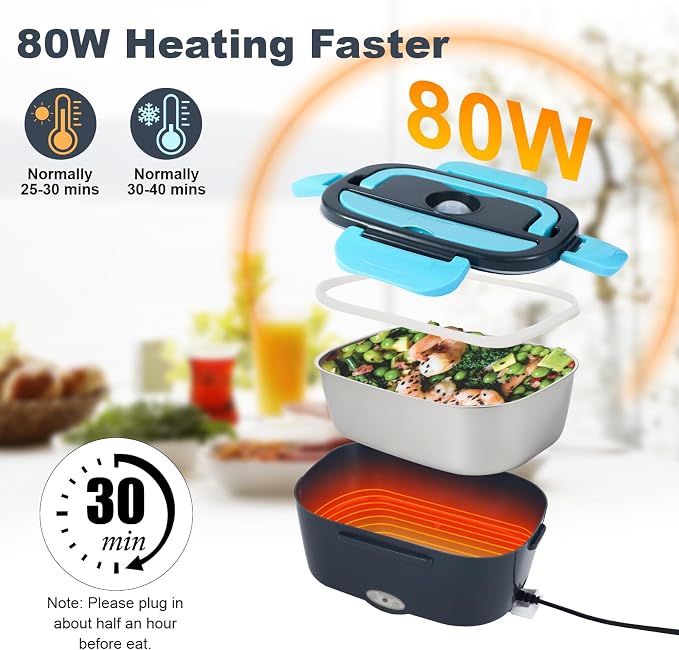 SOHIDA 1.5L Electric Lunch Box, 80W Heated Lunch Box (Sky Blue) | Portable Warmer for Car/Truck/Work, 12V/24V/110V Lonchera Eléctrica Portátil, Suitable for Ideal Driver/Work/Gift - Image 3