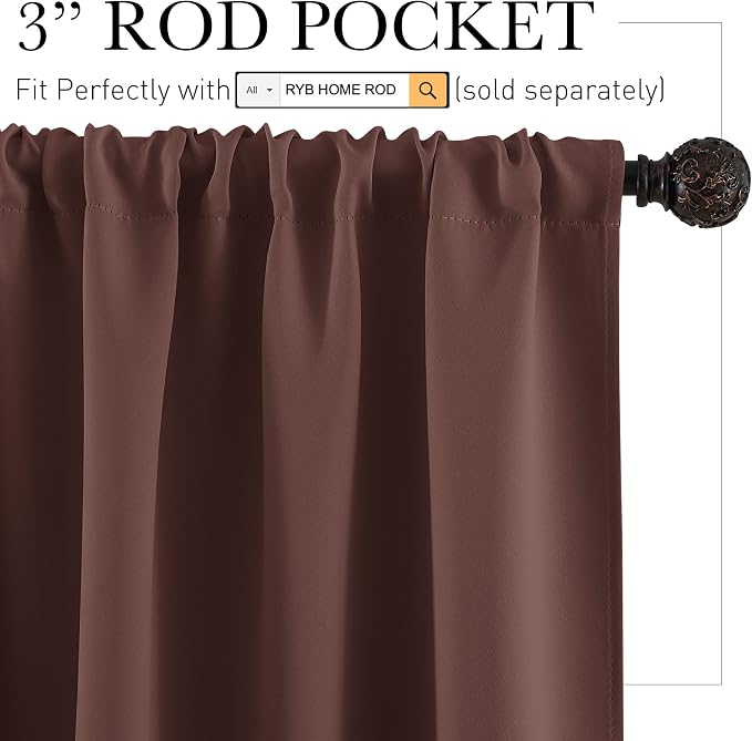RYB HOME Kitchen Blackout Window Curtains Over Sink 36 inch Length | Summer Light Blocking Energy Efficient, Cabinet Shelf Cupboard Blinds Window Coverings, W29 x L36, Chocolate Brown, 2 Panels - Image 2