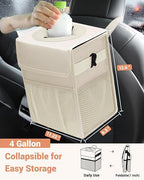 Capolo Car Trash Can with Lid, Leakproof Car Garbage Can Car Trash Bag | Waterproof, Trash Can for Car, 3 Mesh Pockets, Mini Hanging Vehicle Car Trash Bin, for Back/Front Seat (Beige,4 Gal) - Image 2