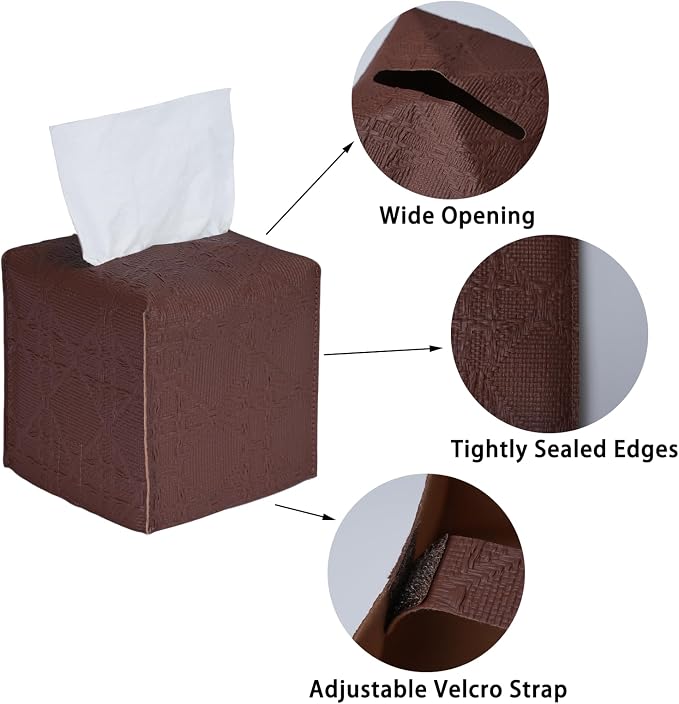 Tissue Box Cover 2-Pack, Square Tissue Holder with Bottom Belt, Modern Tissue Case Facial Paper Organizer Dispenser for Bathroom, Office, Home, Table, Car, Brown, Linen Pattern - Image 2