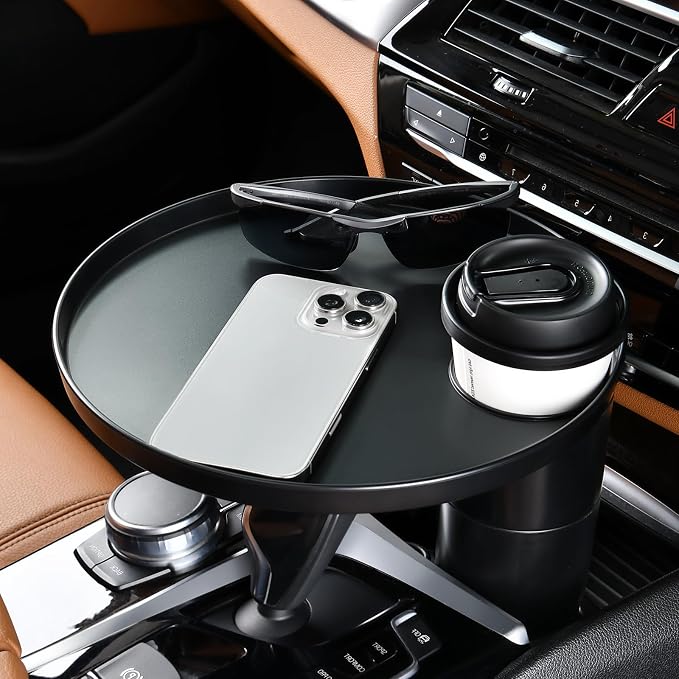 Car Tray and Cup Holders, 360° Rotating Car Desk for Laptop, Upgraded Steering Wheel Tray, Car Food Tray Table for Eating, Automatic Center Console Cup Holder Universal Fit by FLORICH