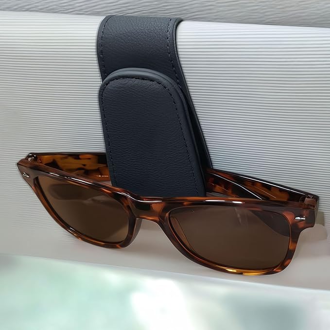 EldHus Sunglass Holder for Car Visor - 2 Pack Magnetic Car Glasses Holder Clip, Leather Eyeglass Holder for Car, Universal Vehicle Sunglasses Hanger Eyeglasses Mount, Black - Image 2