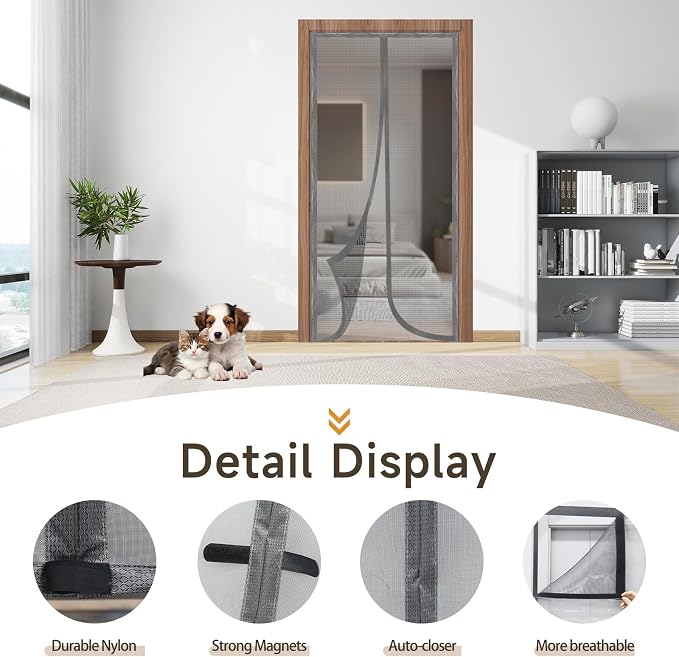 Magnetic Door Screen, Durable Reinforced Anti-Tear Mesh Self-Closing Curtain, Heavy Duty Screen Door with Full Frame Hook & Loop, Fit Door Size 36 x 82 Inch (Silver) - Image 5