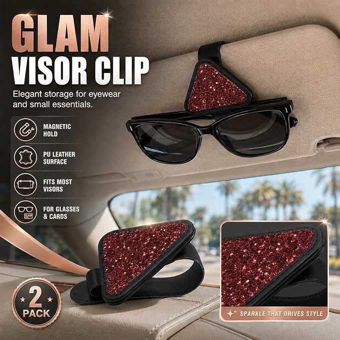 2PCS Magnetic Sunglass Holder for Car Visor, PU Leather Automotive Sun Visor Eyeglasses Hanger Clip, Vehicle Interior Ticket Card Organizer Mount Accessories for SUV Pickup Truck(Red) - Image 3