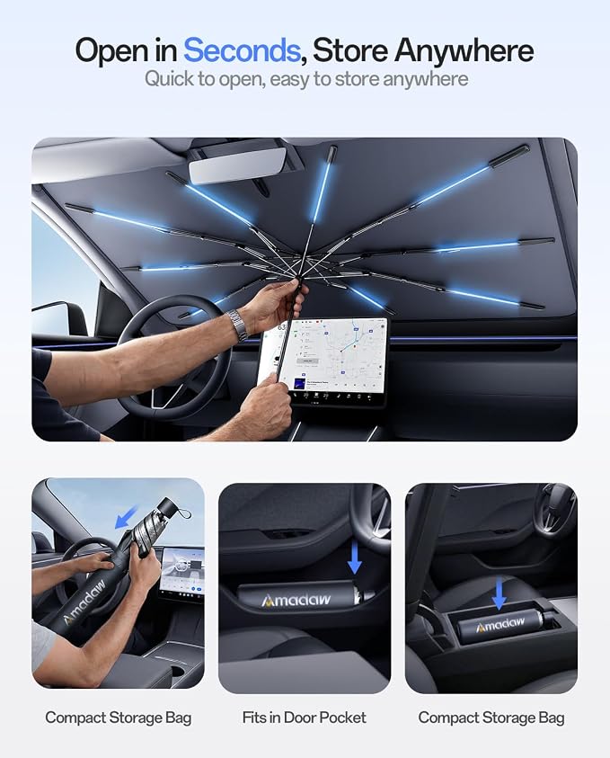 Car Windshield Sun Shade Umbrella for Model Y 2020~2026(Ice Crystal + Fabric + Black Film), Keeps Car Cool, Foldable Sunshade with Soft Edge, Easy Storage with Bag - Image 3
