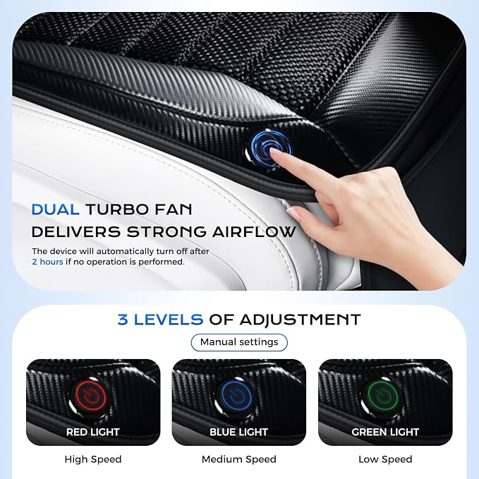 Coverado Cooling Car Seat Cover, Ventilated Seat Cushion with Dual Turbo Fans, 3 Wind Speed, Built-in USB Ports, Breathable Mesh & Carbon Fiber Fabric, Cooled Seat Cover Universal Fit for Cars, Gray - Image 5