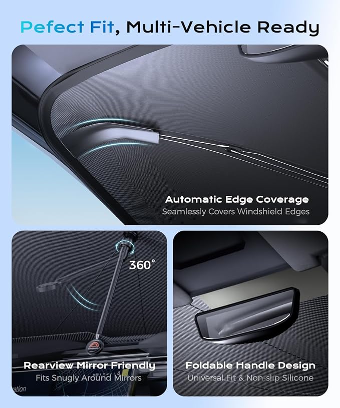 [2026 Upgrade] Coverado Sunshade for Car Windshield, UPF80+ Full-Size Trucks/SUVs Windshield Sun Shade Blocks Heat & UV Rays, Thickened Vinyl Coating Keep Cool and Protect Interior, Foldable L 61x33 - Image 6