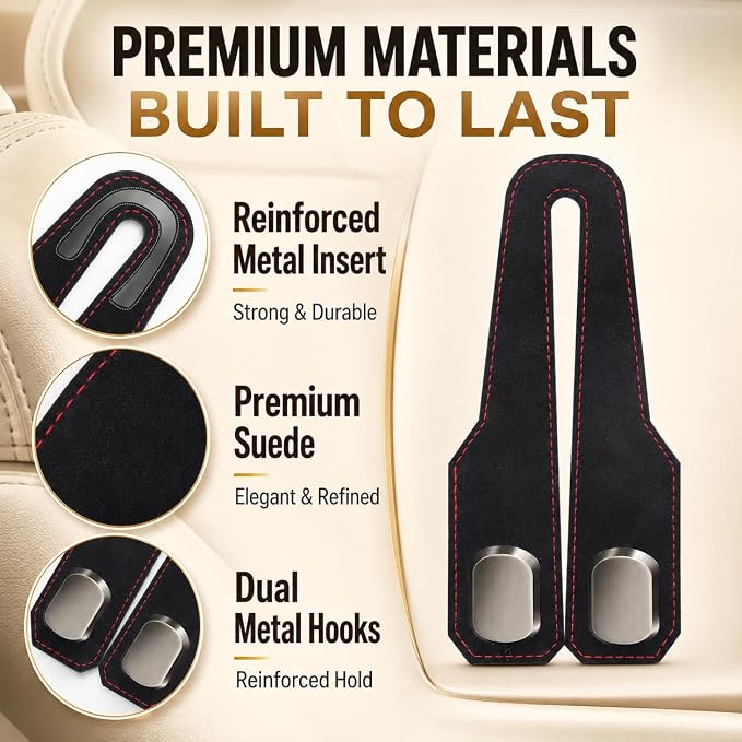 4 Pack Car Headrest Hooks, Dual Metal Hooks, Stylish Black | Premium leather with dual metal hooks and anti-drop design. Holds purses, bags, coats, and groceries securely. - Image 2