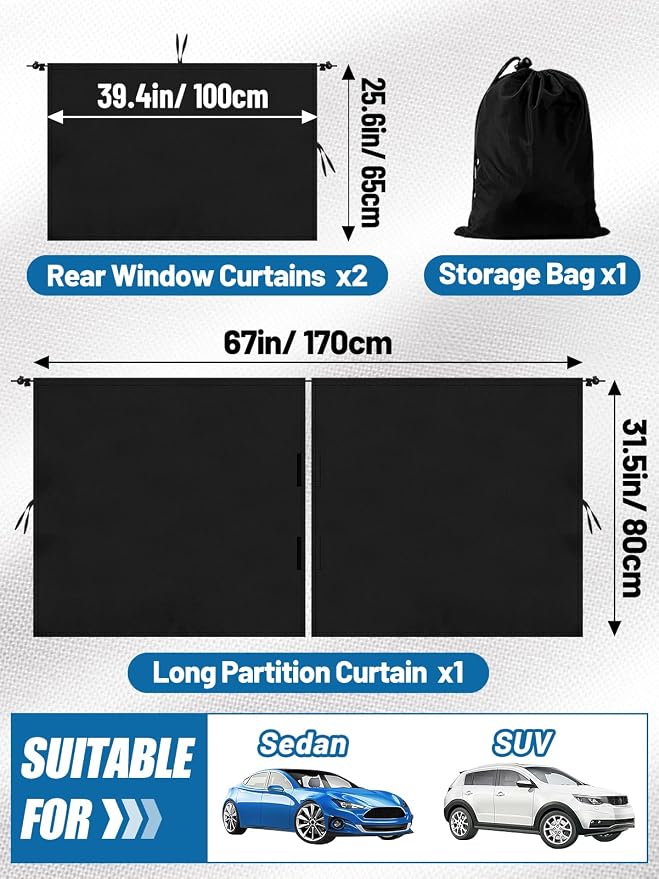 PAMASE Set of 3 Car Privacy Curtain, 95% Light Blocking | Covers Rear Seat & Side Windows, Fits Sedans & SUVs, for Travel, Camping, Nap or Sleeping, Keeps Cabin Cool and Private - Image 6
