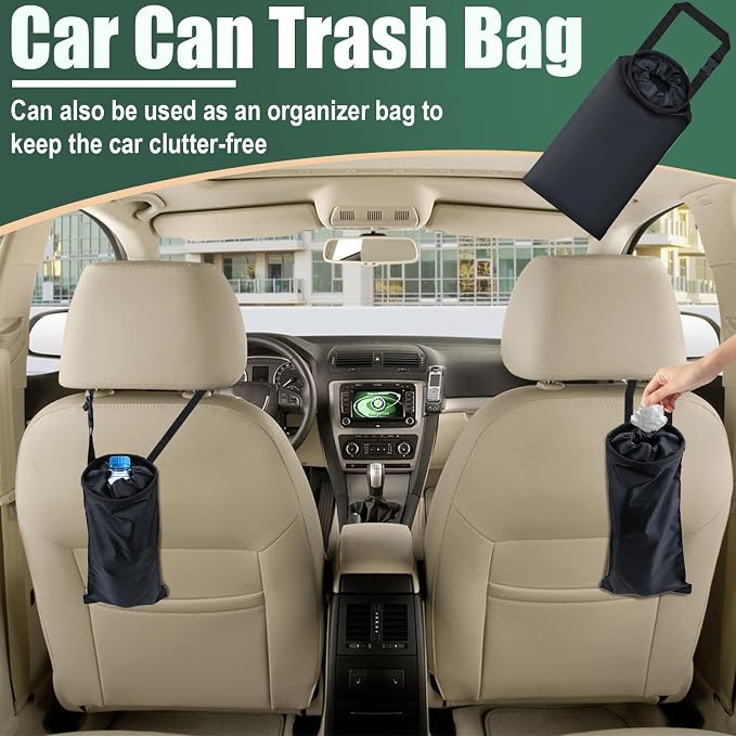 ecocstm 2 PCS Car Trash Bags, Car Accessories Washable Garbage Bag Hanging | Detachable Trash Can with Top Elastic Vent & Sticky Strap Bottom Opening, Seat Back Tash Bag for Cars,Travelling,Outdoor - Image 2