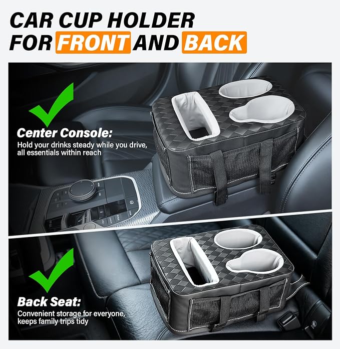 Universal Car Center Console Cup Holder Organizer Armrest Storage Box | with Bottle Holder & Tissue Slot & Side Pockets, Car Back Seat Truck Boat Couch Sofa Organizer PU Leather - Image 2