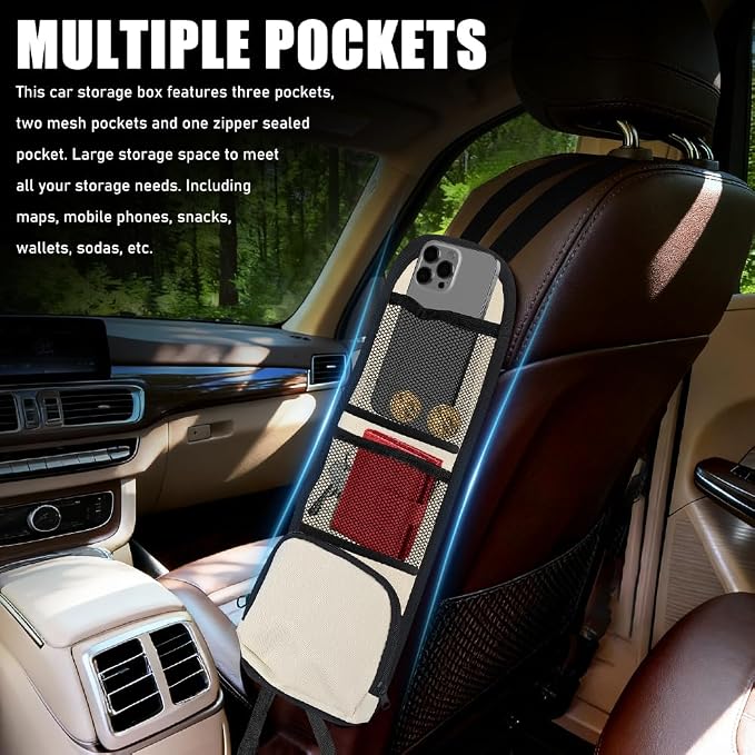 Car Seat Side Organizer, Car Organizers and Storage, Auto Front Seat Storage Hanging Bag, Auto Accessories Multifunctional Vehicle Mesh Pocket Holder for SUV Truck Sedan (Lvory White, 1PCS) - Image 4