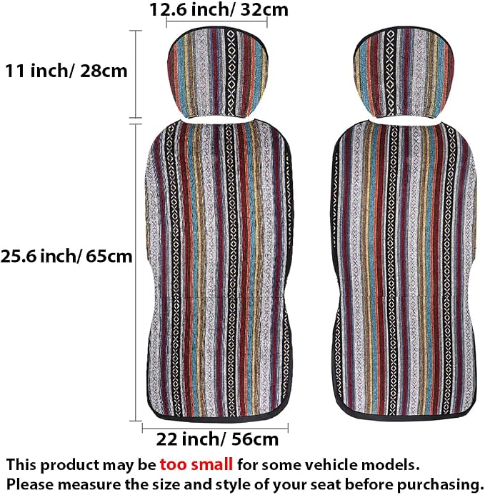 Car Seat Cover Hippie Boho Baja Saddle Blanket 4PCS Front Set Grey | Breathable, Washable without Fading, Anti-Slip, Airbag Compatible, Universal Fit for Most Automotive, Sedan, SUVs - Image 3