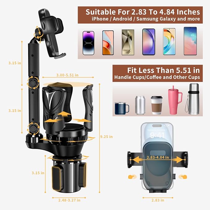 Phone Holders for Your Car, 2 in 1 Adjustable Stable Car Cup Phone Holder | Secure Hold, Multi-Scenario Use for Drivers, Commuters & Road Trips, Universal Fit for Up to 5.31'' Drinks/Mugs/Foods - Image 6