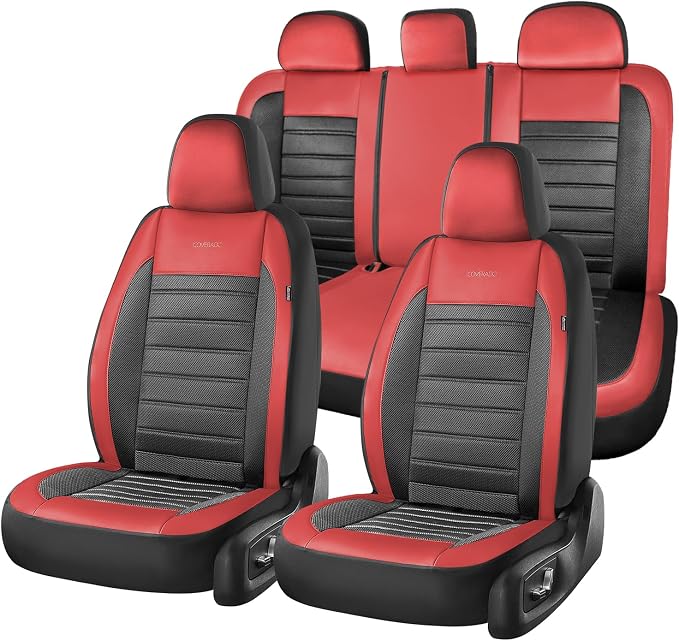 Coverado Car Seat Covers Full Set, Luxury Leather Car Seat Covers, Automotive Front and Rear Mesh Seat Covers, Full Set 5 Seats, Black Red Seat Covers for SUV Sedan Truck by COVERADOAUTO