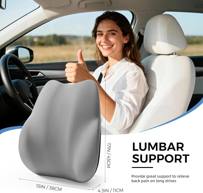 BEBAS Ergonomic Lumbar Support Pillow for Car, Memory Foam Car Back Cushion | Comfort Lumbar Pillow for Back Pain Relief, Breathable Washable Cover, Fits for Driving, Office, Wheelchair, Gray - Image 2