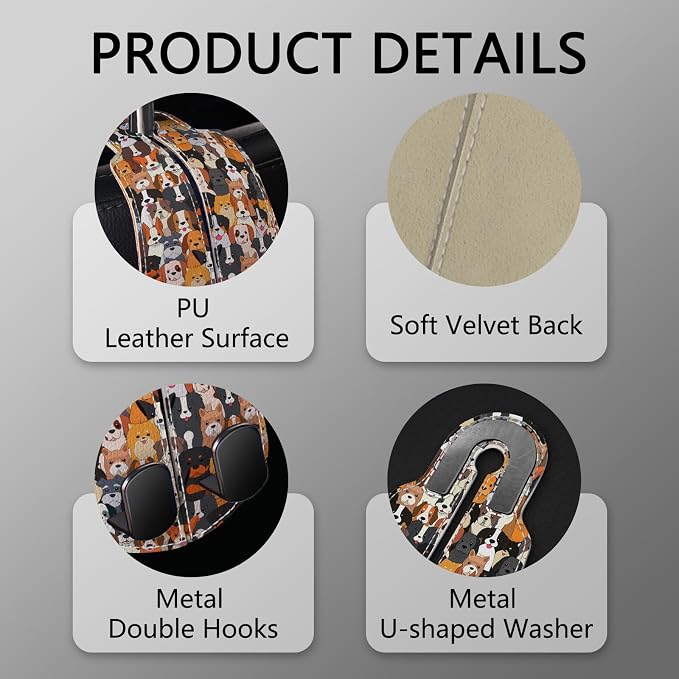 Blusabaca 2PCS Car Seat Headrest Hooks, Purses Bags Holder, Cute Dogs Puppy | PU Leather, Double Metal Back Storage Hangers for Grocery Bags Handbags Bottles Coats Phones, Car Accessories Organization - Image 4