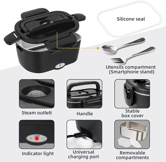 SOHIDA 1.5L Electric Lunch Box, 80W Heated Lunch Box (Matte Black) | Portable Warmer for Car/Truck/Work, 12V/24V/110V Lonchera Eléctrica Portátil, Suitable for Ideal Driver/Work/Gift - Image 6