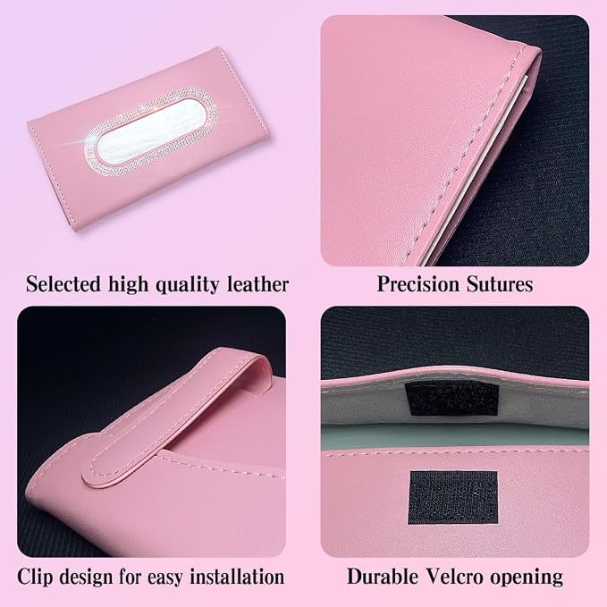 Bling Car Visor Tissue Holder, Diamond Mask Holder for Car Visor, PU Leather Tissue Box Holder,Wipes Case for Car Visor, Sun Visor Napkin Holder(Pink) - Image 3