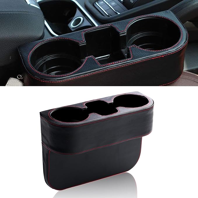 Car Cup Holder, PU Leather Auto Front Seat Organizer, Multifunctional Cup Drink Holders, Gap Filler Storage Box Coin Bucket Console Side Pocket Cell Mobile Phone Holder (Black) by Unknown