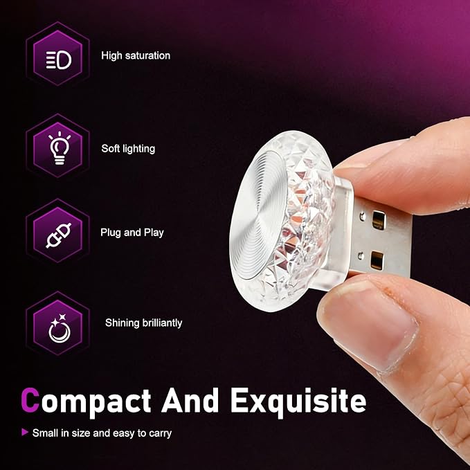 1 PC Mini USB LED Car Atmosphere Lamp, Round Crystal Plug-and-Play Car Ambient Light, Portable Personalized Auto Interior Decor Night Light, Universal for Most Cars, SUVs (Purple) - Image 4
